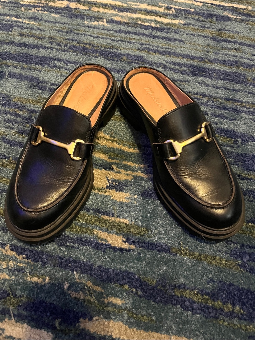 Madewell Black Leather Slip-On Loafer Mules with Gold Horsebit